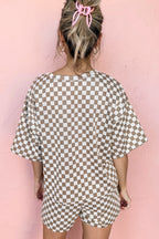Brown Checkered Top and Short Casual 2pcs Set