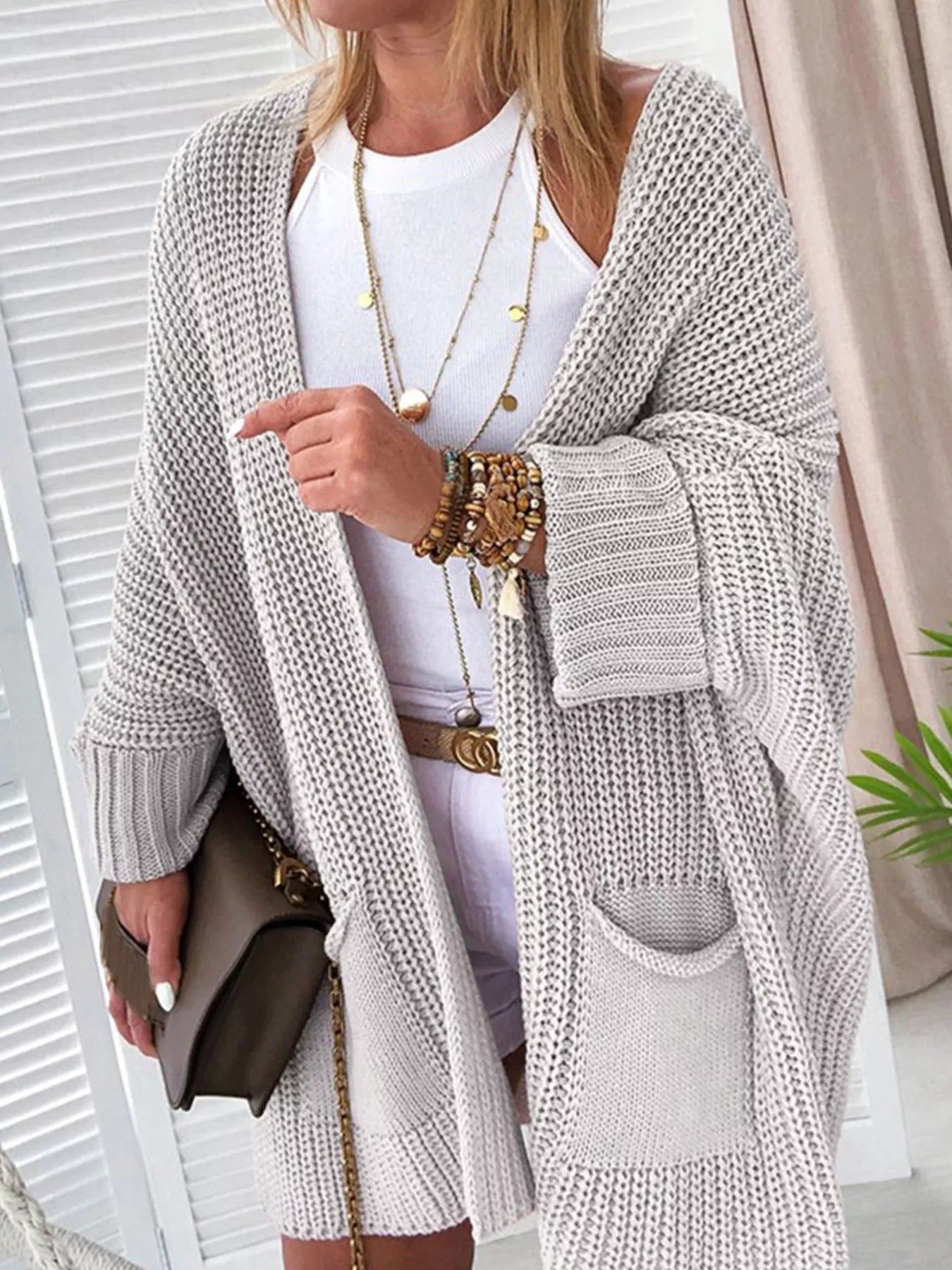 Oversized Fold Over Sleeve Open Front Cardigan